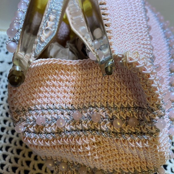 Handmade repurposed crocheted and beaded handbag with acrylic handles - Picture 6 of 10